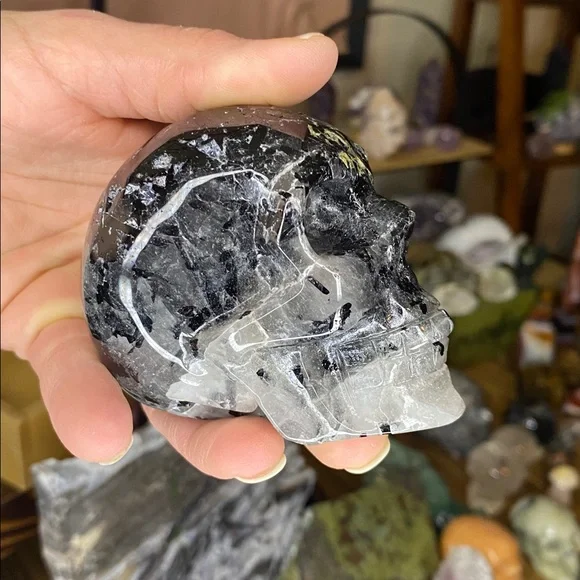 Insanely Dense Black Tourmalated Quartz Skull Carving - Picture 1 of 7